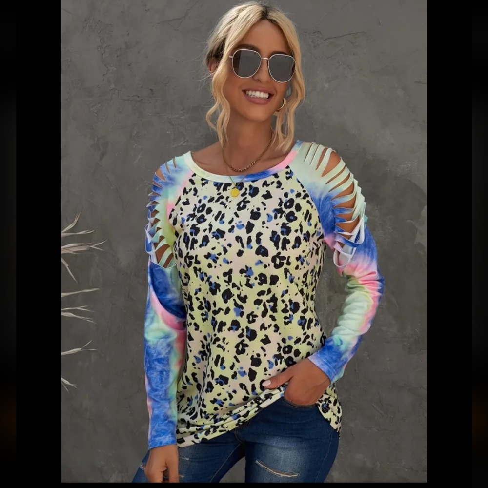 Tie-dye animal print slashed cut shoulder long sleeve shirt tee W-664
